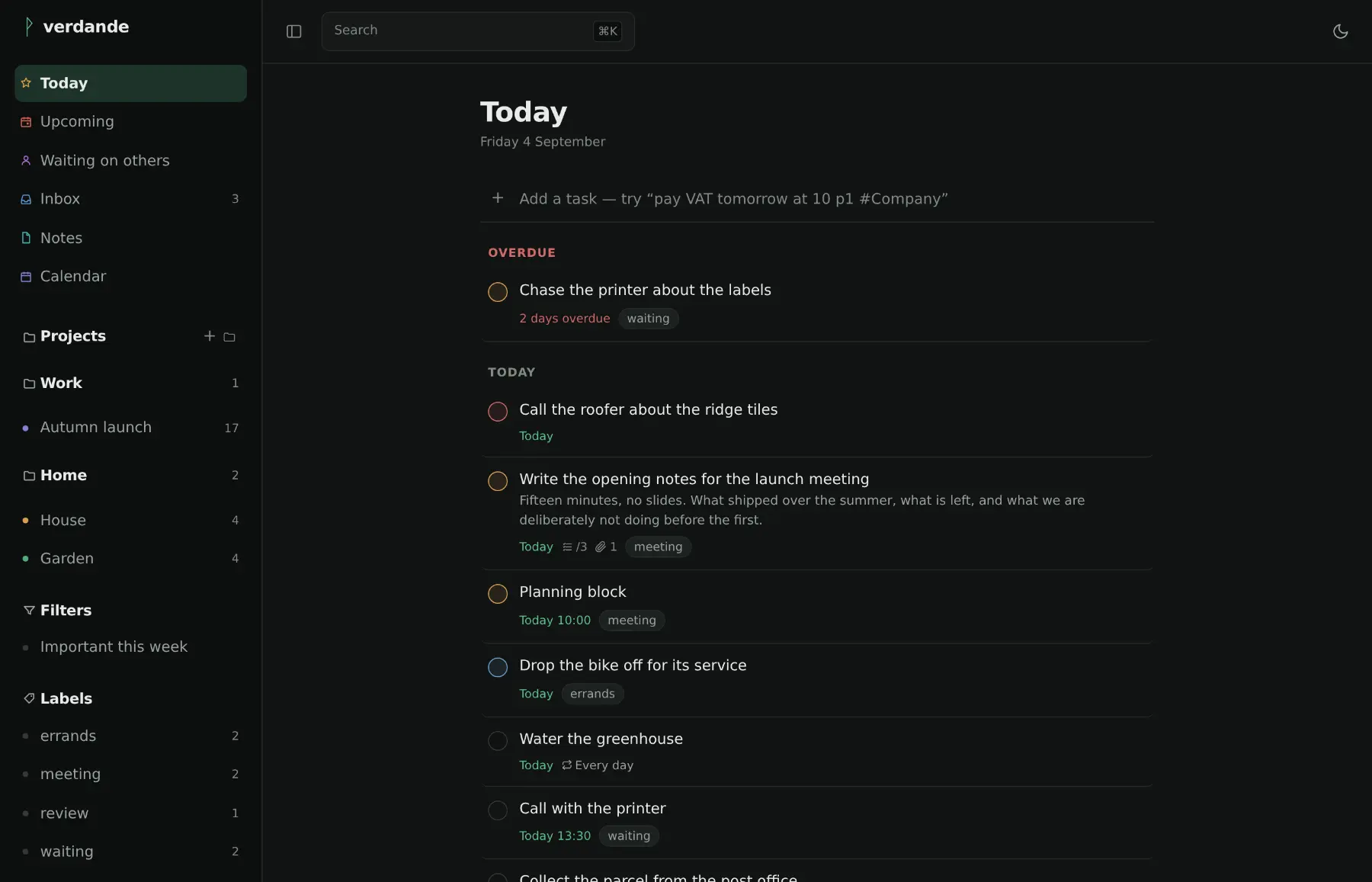 The Today view in the Northern lights theme: dark, with a green accent.